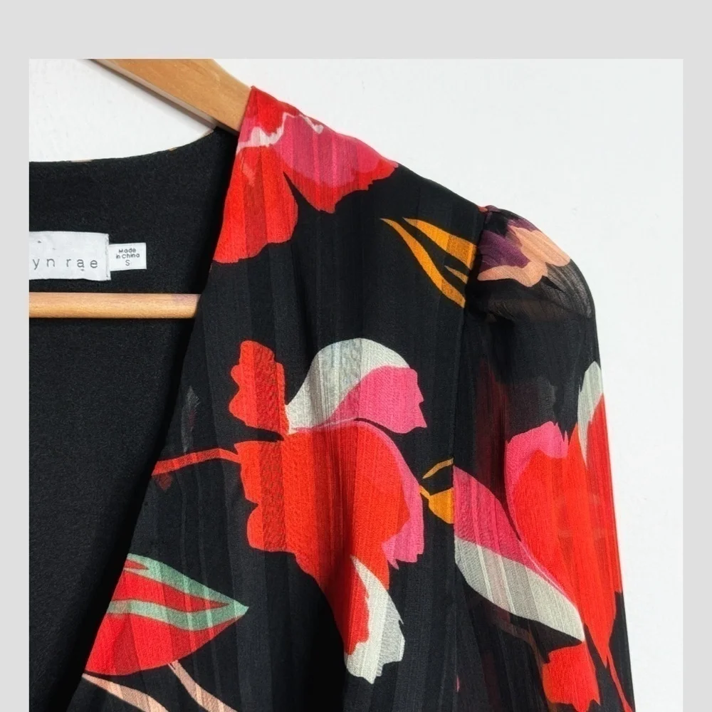 Adelyn Rae Wrap Dress High Low Chiffon Long Sleeve Black Red Print Sheer Sleeve